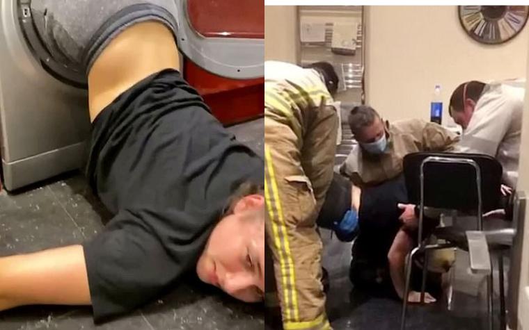 Joven se quedó atascada en una secadora y video registró su rescate